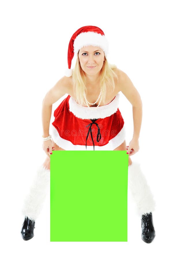 Christmas woman holding green blank banner