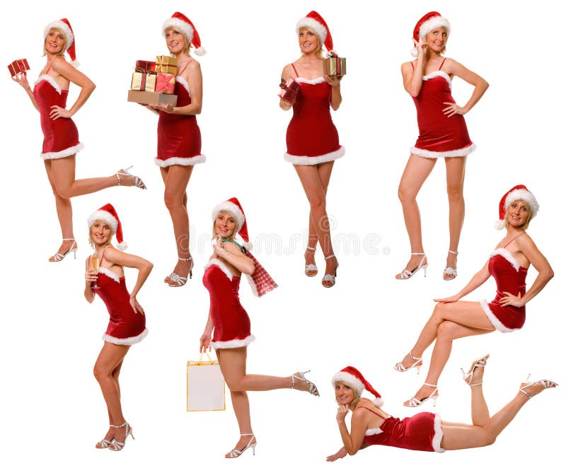 Eight different poses of the same woman in a Christmas outfit and hat. Isolated on white background. Eight different poses of the same woman in a Christmas outfit and hat. Isolated on white background.