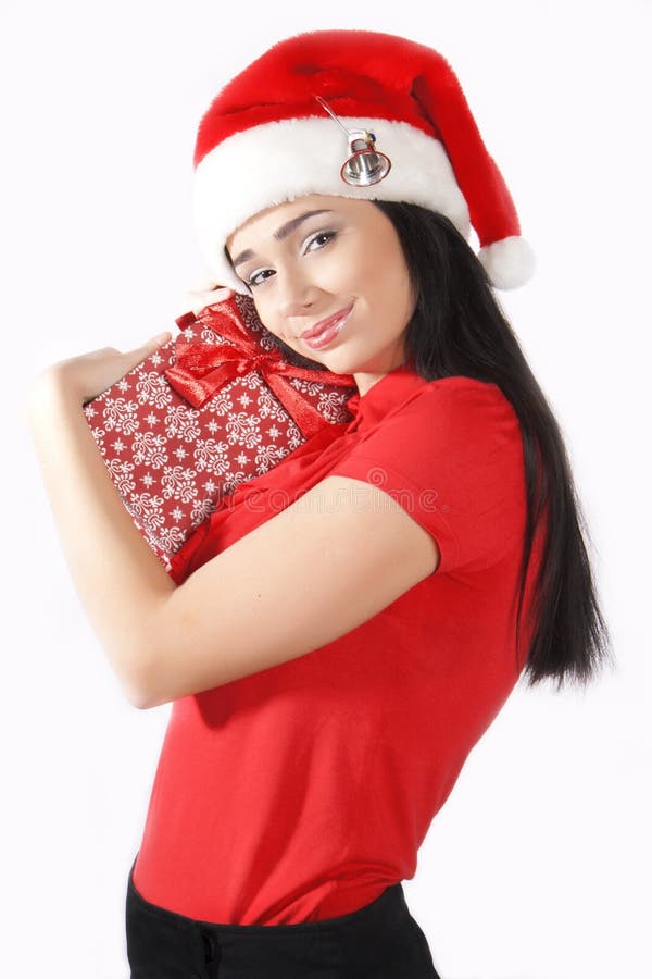 Christmas woman on white background with a gift