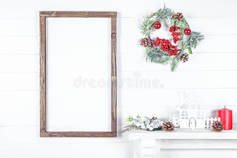 Christmas Wood Empty Frame on a Light Background