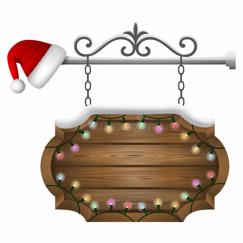 Christmas wooden sign board with snow, colorful lights and santa claus hat stock illustration Christmas wooden sign board with snow, colorful lights and santa claus hat stock illustration