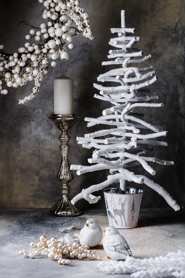 Christmas wreath tree candlestick doves on a dark gray background with divorces royalty free stock photos Christmas wreath tree candlestick doves on a dark gray background with divorces royalty free stock photos