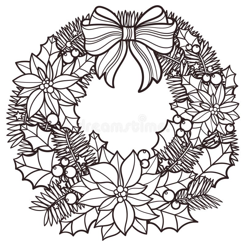 Christmas Wreath Black And White Linear Image Vector Stock Vector