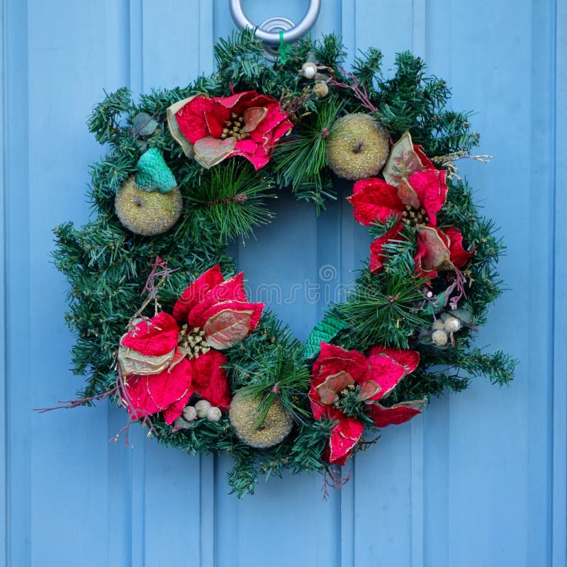 Christmas Wreath On Blue Door Stock Image - Image of advent, door: 48137007