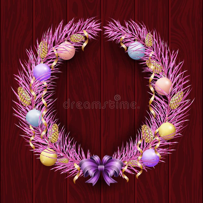 Christmas wreath border. Frame of violet pine. Merry Christmas and Happy New Year 2019. Purple branches of a Christmas tree in the stock illustration Christmas wreath border. Frame of violet pine. Merry Christmas and Happy New Year 2019. Purple branches of a Christmas tree in the stock illustration