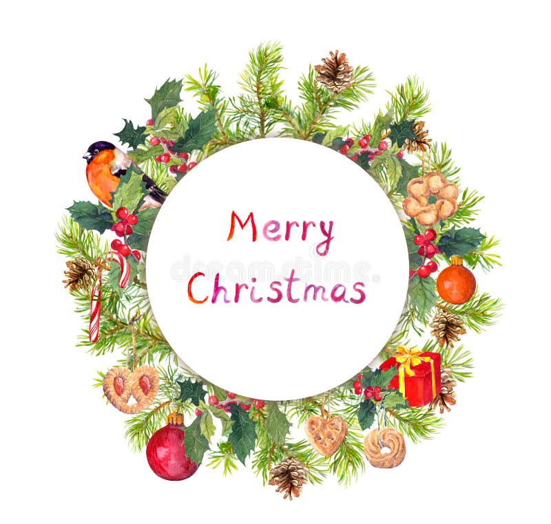 Christmas wreath - fir branches, bird, candycane, present box. Watercolor
