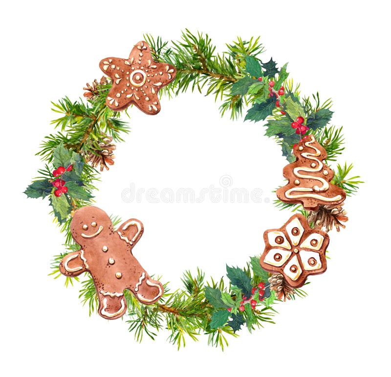 Christmas wreath with holiday cookies. Watercolor - pine tree branches, holly, cones.