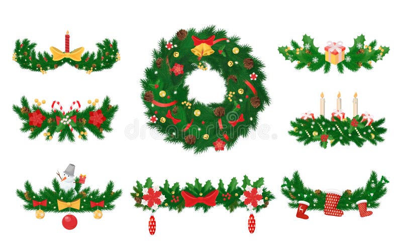 Christmas wreath made of pine and candles bows vector. Decoration with ribbons, leaves and balls, socks for presents and toys, bell on spruce circle