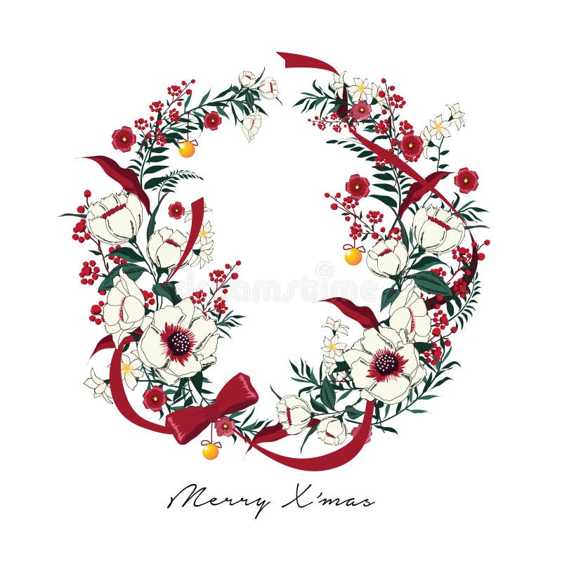 Christmas Wreath. Poinsettia plant; Holly; red berries. royalty free illustration Christmas Wreath. Poinsettia plant; Holly; red berries. royalty free illustration