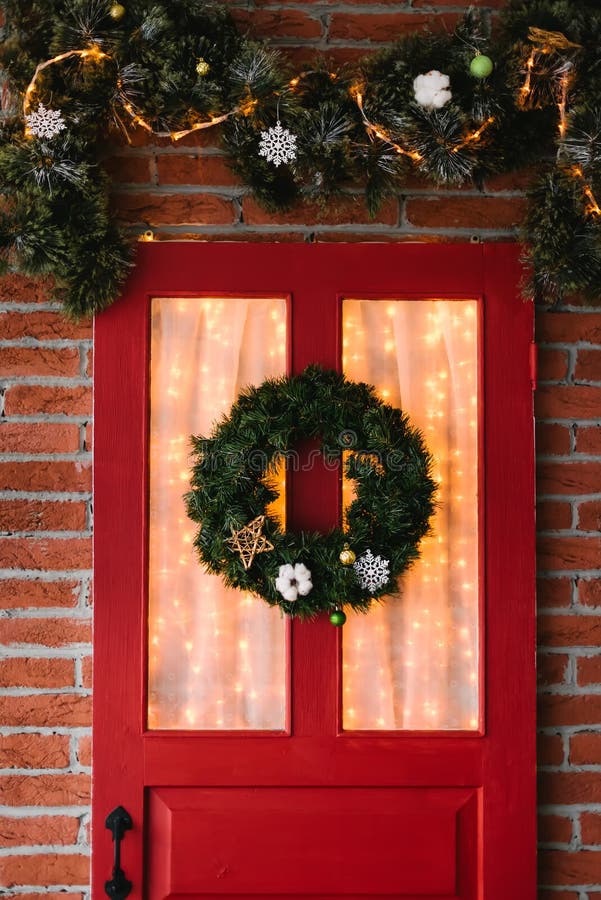 Christmas Wreath on Red Door Stock Photo Image of daytime, handle