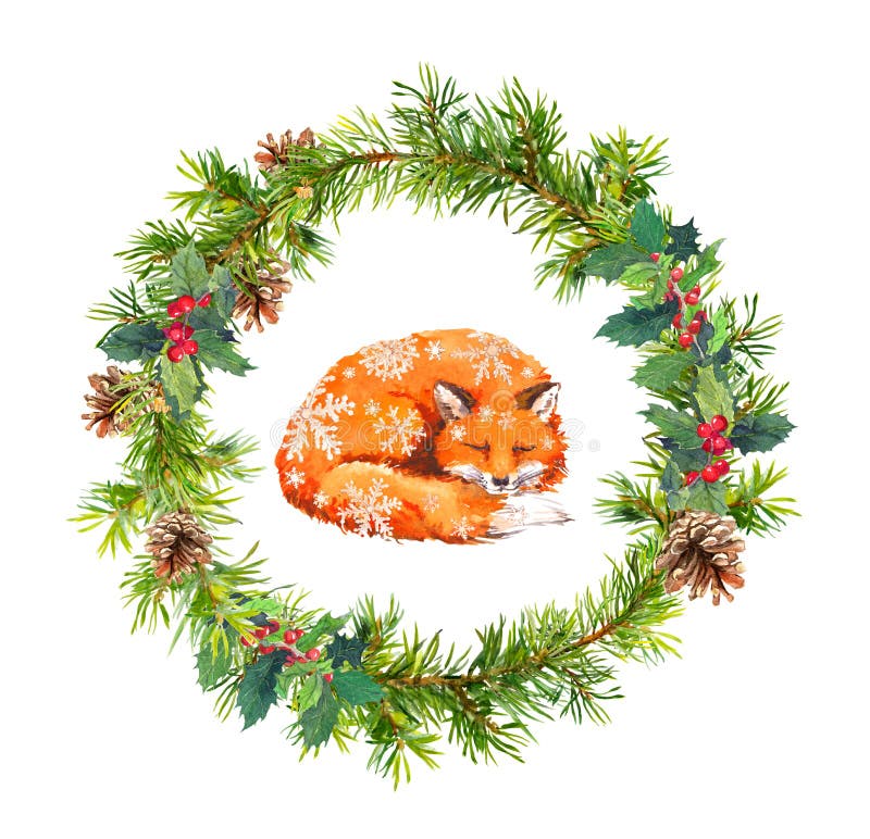 Christmas wreath, sleeping fox and snowflakes. New year watercolor - spruce tree branches, mistletoe, cones