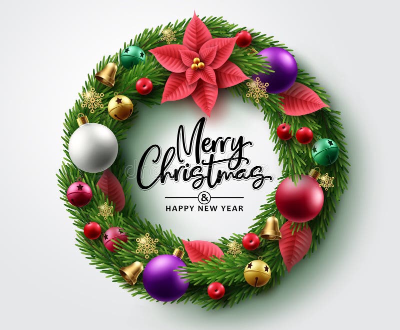 Christmas wreath vector design. Merry christmas text with garland and colorful xmas decoration