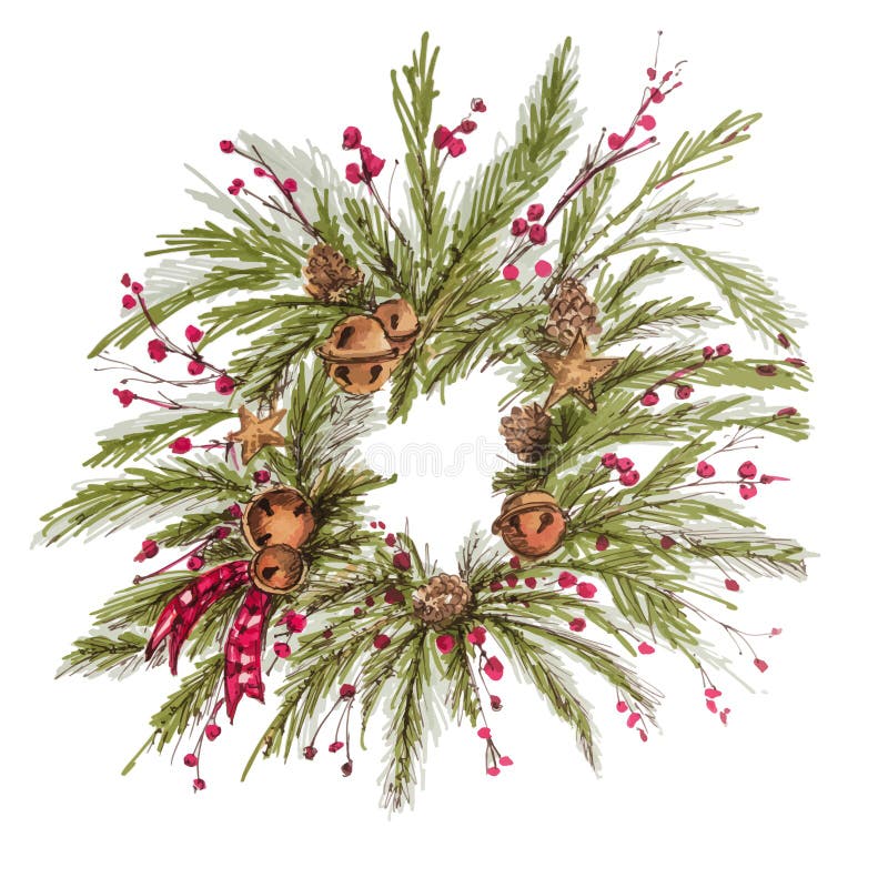 Christmas wreath vintage New Year decoration with pine branches, berries, fir cones.