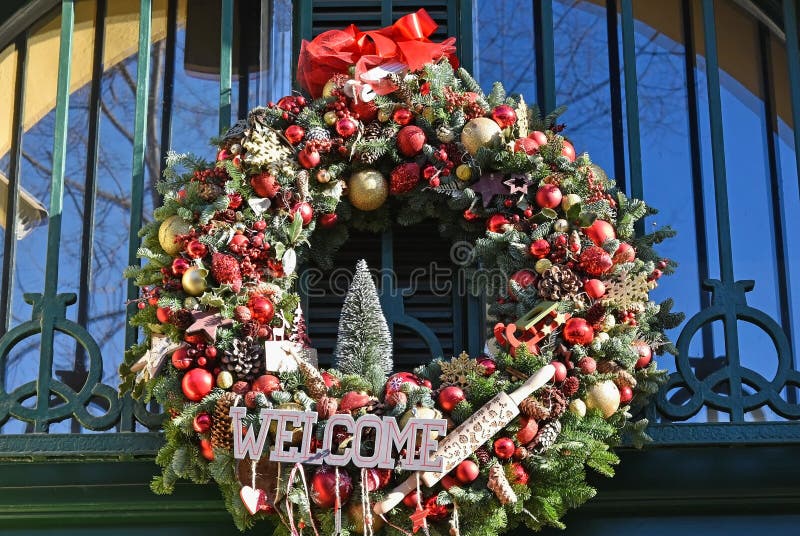 Christmas Wreath on the Wall of a Building Stock Photo - Image of ...