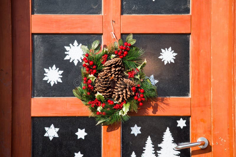 Christmas wreath, wooden door with glass, Christmas decoration, royalty free stock photos Christmas wreath, wooden door with glass, Christmas decoration, royalty free stock photos