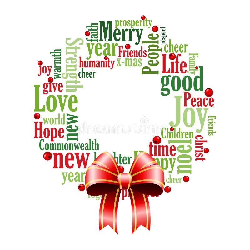 An illustration of a Christmas wreath and bow made up of words. Drawing time vectors