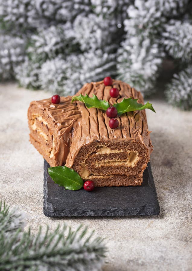 Christmas Yule Log Cake. Traditional Chocolate Dessert Stock Photo - Image of seasonal, leaf 