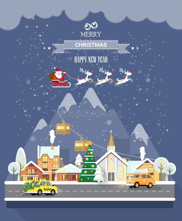 Snowy tender Christmas. City street with taxi car carrying Xmas tree with lights. stock illustration Snowy tender Christmas. City street with taxi car carrying Xmas tree with lights. stock illustration
