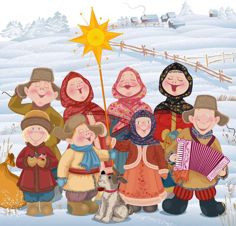 Young people and children in Russian village singing of Christmas carols in Christmastide. Vector illustration. Young people and children in Russian village singing of Christmas carols in Christmastide. Vector illustration
