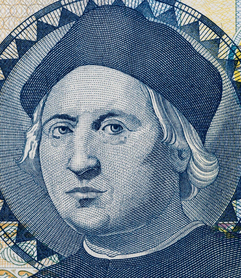 Christopher Columbus portrait on Bahamas one dollar banknote macro, money closeup. Christopher Columbus portrait on Bahamas one dollar banknote macro, money closeup