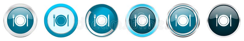 Chrom-Grenzikonen des Restaurants silberne metallische in 6 Wahlen, Satz blaue runde Knöpfe des Netzes lokalisiert auf weißem Hin lizenzfreie abbildung Chrom-Grenzikonen des Restaurants silberne metallische in 6 Wahlen, Satz blaue runde Knöpfe des Netzes lokalisiert auf weißem Hin lizenzfreie abbildung