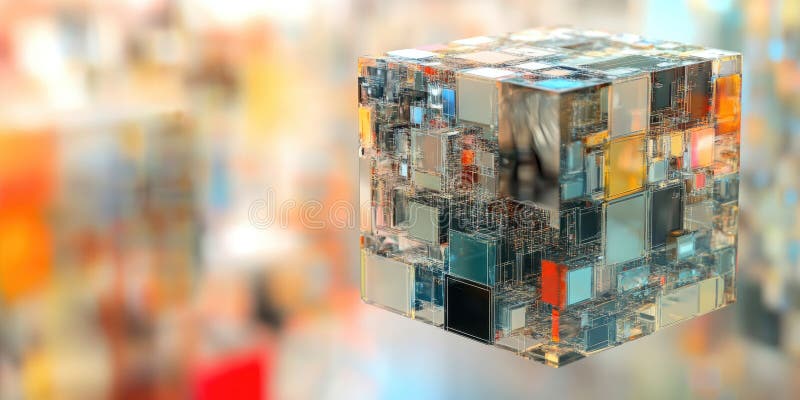 Chromatic Cube Cloud: Abstract Composition with Numerous Small Cubes in Vibrant Colors, Creating a Sense of Depth and Movement stock illustration