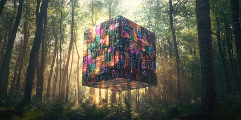 Chromatic Cube Cloud: Abstract Composition with Numerous Small Cubes in Vibrant Colors, Creating a Sense of Depth and Movement stock illustration