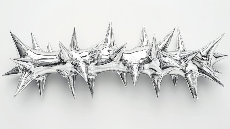 Chrome 3D element featuring an abstract array of metal ridges and iron bones in a cyber sigilism style with perspective stock photography