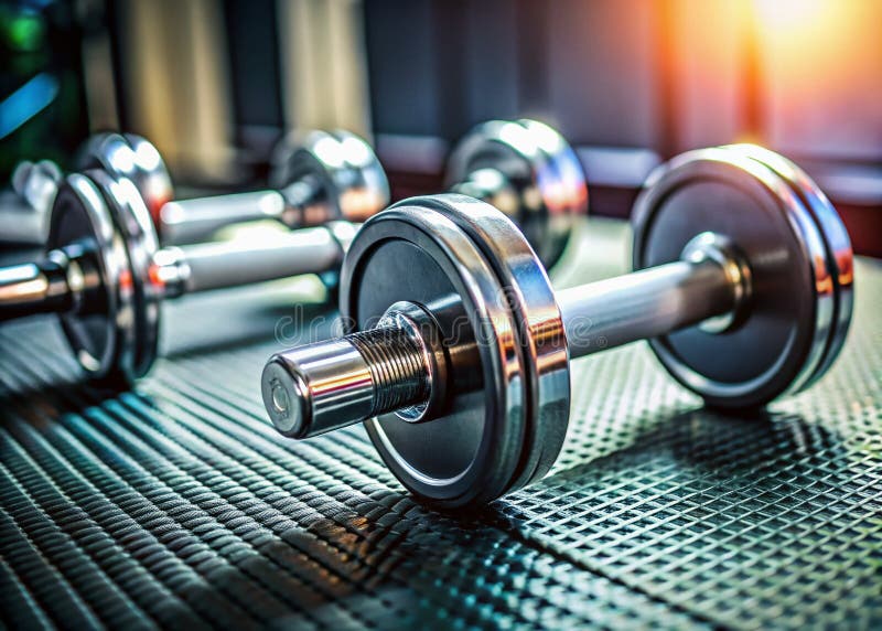 Chrome Dumbbell på Gym Mat A Powerful Symbol of Fitness Workout Motivation and Bodybuilding Goals royaltyfri fotografi