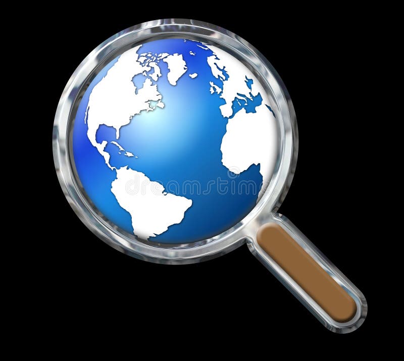 Chrome Magnifying Glass with Earth on Black Stock Illustration