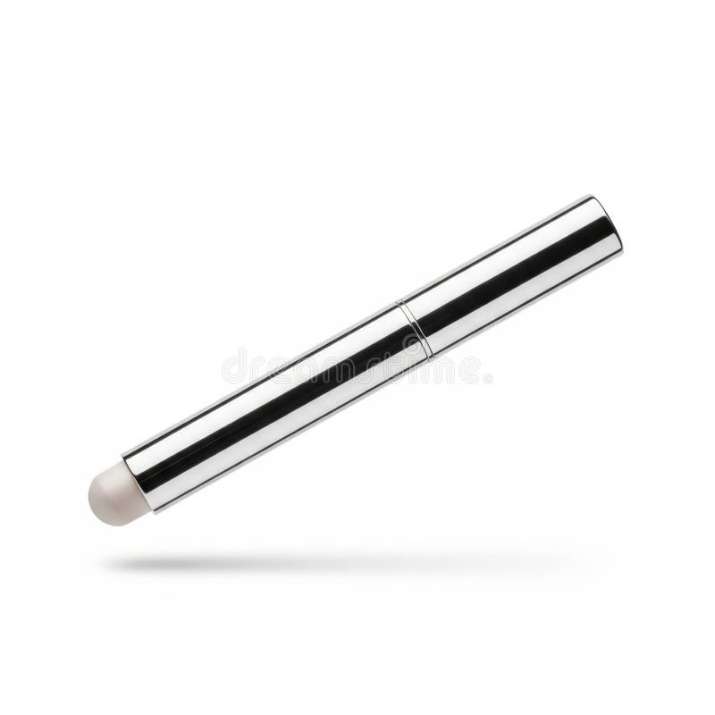 A chrome metallic powder applicator stick is shown floating horizontally against a solid white background. The sleek, cylindrical design features a reflective chrome finish, with a rounded tip allowing for precise application. The minimalist aesthetic and polished surface highlight its modern, functional design, suitable for applying cosmetic powders smoothly and evenly. Applicator stick illustrations
