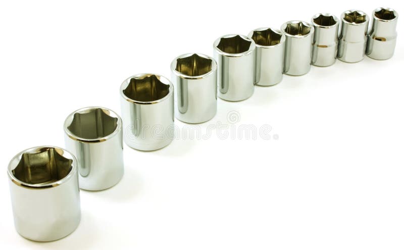 Chrome ratchet sockets in a curve, on white