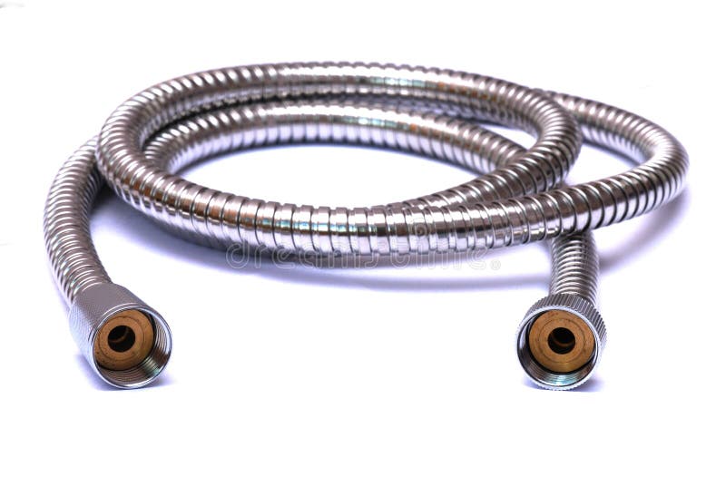 A chrome stainless steel flexible shower hose stock image A chrome stainless steel flexible shower hose stock image