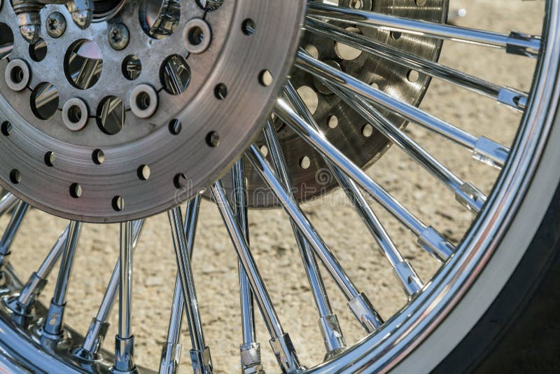 Chromed Motorcycle Wheels with Disc Brakes, Closeup Stock Image