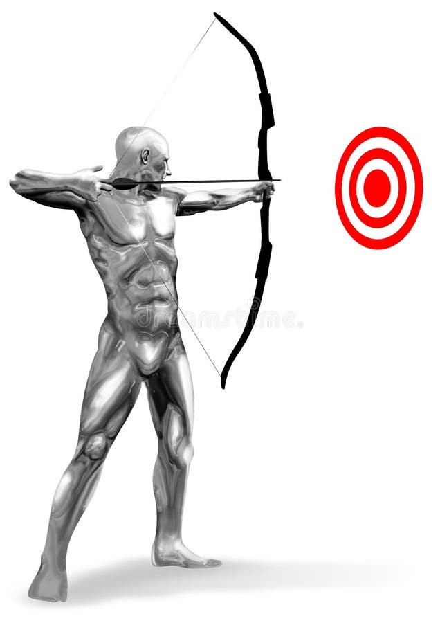 Chrome man archer aiming at target. Aiming target illustrations