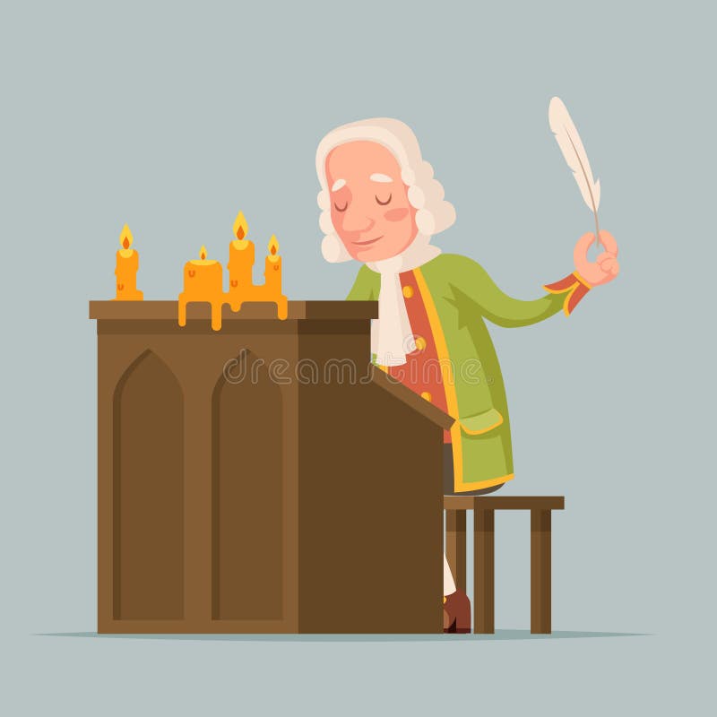 Chronicler noble writer scribe playwright medieval aristocrat periwig pen music stand scroll candles mascot cartoon. Chronicler noble writer scribe playwright royalty free illustration Chronicler noble writer scribe playwright medieval aristocrat periwig pen music stand scroll candles mascot cartoon. Chronicler noble writer scribe playwright royalty free illustration