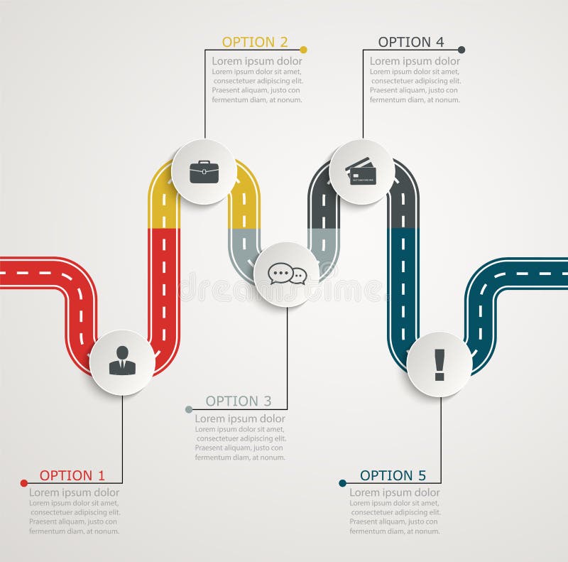 Chronologie infographic de route colorée avec des icônes, structure horizontale par étapes illustration stock Chronologie infographic de route colorée avec des icônes, structure horizontale par étapes illustration stock