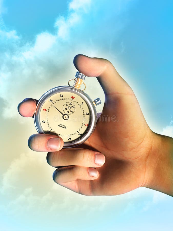 Male hand holding a stopwatch over a bright sky background. Digital illustration. Male hand holding a stopwatch over a bright sky background. Digital illustration.