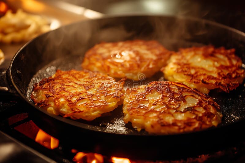 Chrupiące goldenbrown latkes sizzling w patelni ndash tradycyjne naleśniki ziemniaczane hanukkah gotowane do perfekcji royalty ilustracja