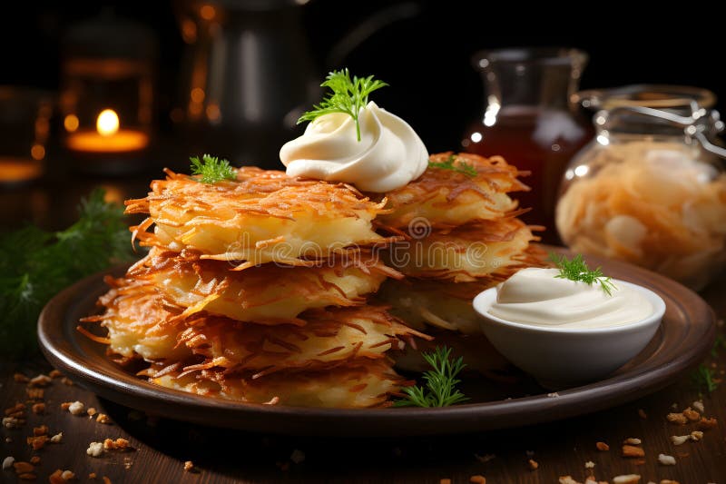 Chrupiące latkes tradycyjny hanukkah serwowany z kwaśną śmietaną ilustracji
