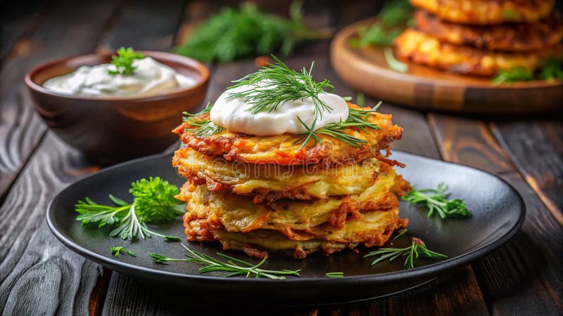 Chrupiące ziemniaczane latkes Święto święta święta święta z Krem Kwaśnym i Dill Ciesz się autentyczną kuchnią żydowską i świętować ilustracji