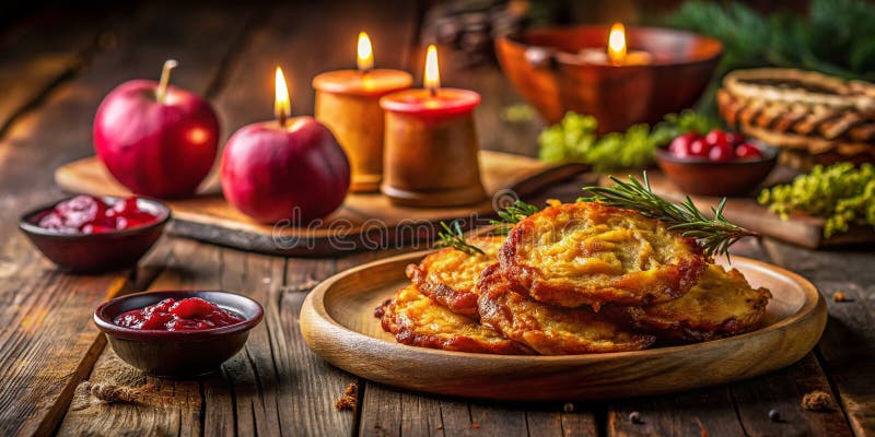Chrupiące złote latkes z szarym applesauce ciepłe i święte święto hanukkah ilustracji