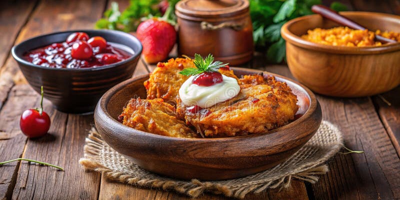 Chrupiące złote naleśniki ziemniaczane latkes z kwaśną śmietaną i truskawkowym dżemem ilustracji