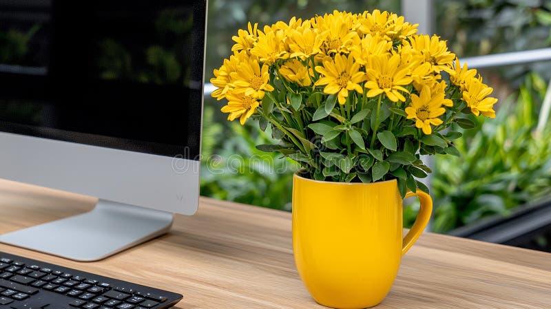 Chrysanthemum Bouquet giallo su Wooden Desk con computer royalty illustrazione gratis