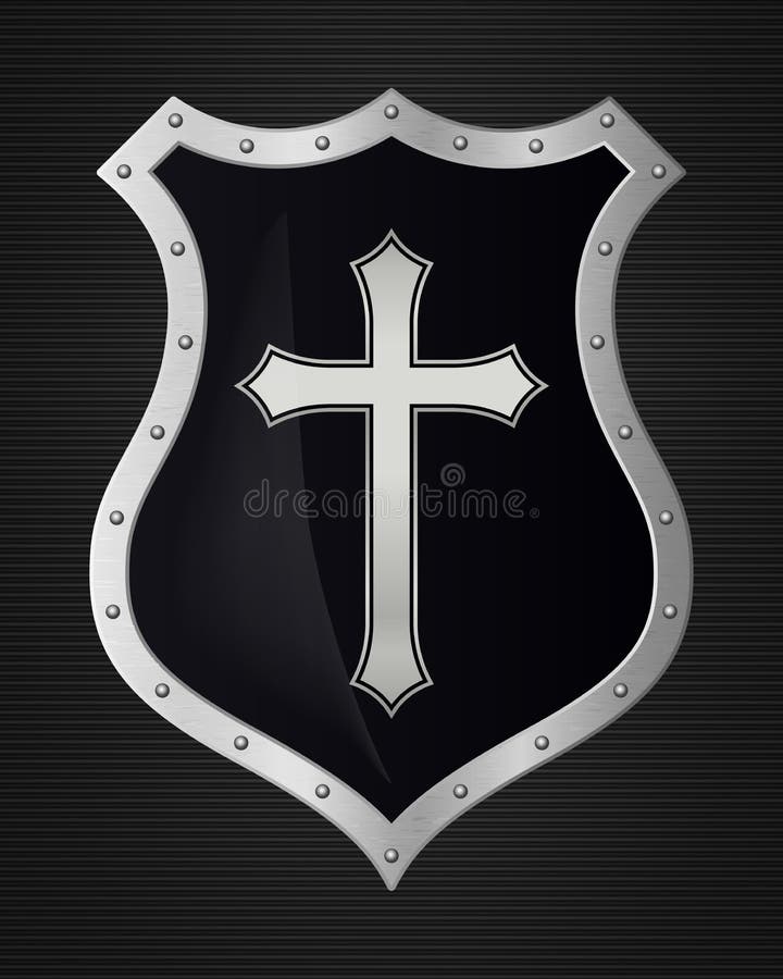 Metal Christian Cross and Shield of Faith. Church Logo. Religious Symbol. Creative Christian Icon. Protection, Safety, Security Sign. Isolated on Dark Background. Metal Christian Cross and Shield of Faith. Church Logo. Religious Symbol. Creative Christian Icon. Protection, Safety, Security Sign. Isolated on Dark Background