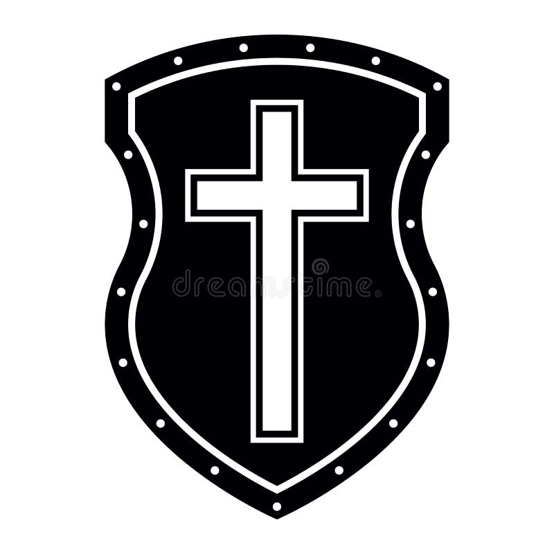 Christian Cross and Shield of Faith. Church Logo. Religious Symbol. Creative Christian Icon. Protection, Safety, Security Sign. Black and White. Christian Cross and Shield of Faith. Church Logo. Religious Symbol. Creative Christian Icon. Protection, Safety, Security Sign. Black and White