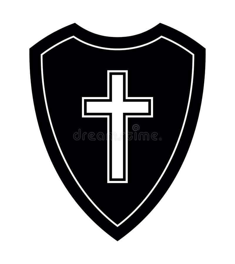 Christian Cross and Shield of Faith. Church Logo. Religious Symbol. Creative Christian Icon. Protection, Safety, Security Sign. Black and White. Christian Cross and Shield of Faith. Church Logo. Religious Symbol. Creative Christian Icon. Protection, Safety, Security Sign. Black and White