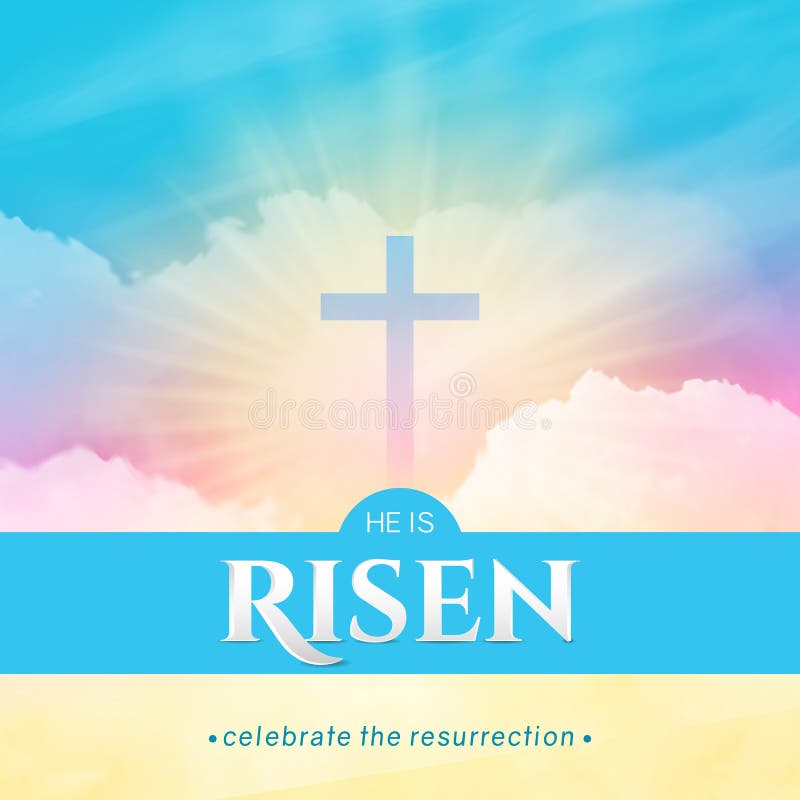 Christian religious design for Easter celebration. Square vector banner with text: He is risen, shining Cross and heaven with white clouds. Christian religious design for Easter celebration. Square vector banner with text: He is risen, shining Cross and heaven with white clouds.