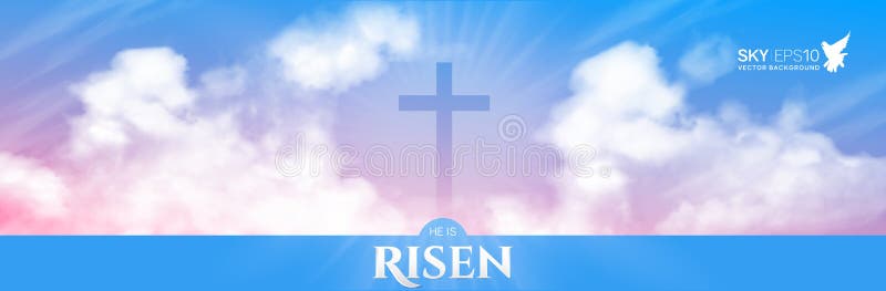 Christian religious design for Easter celebration. Narrow horizontal vector banner. Text: He is risen, shining Cross and heaven with white clouds. Christian religious design for Easter celebration. Narrow horizontal vector banner. Text: He is risen, shining Cross and heaven with white clouds.