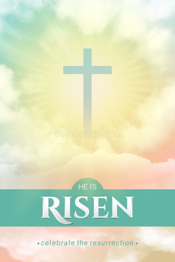 Christian religious design for Easter celebration. Rectangular vertical vector banner with text: He is risen, shining Cross and heaven with white clouds. Christian religious design for Easter celebration. Rectangular vertical vector banner with text: He is risen, shining Cross and heaven with white clouds.